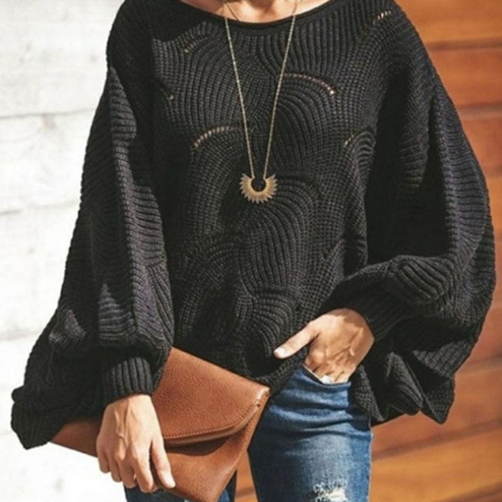 Open Knit Lantern Sleeve Scallop Hem